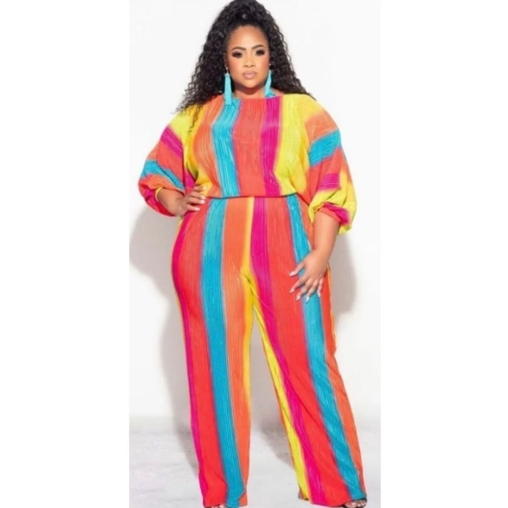 Multi Color Plisse Matching Set Cropped Top Wide Leg Pants Women's 1X Rainbow